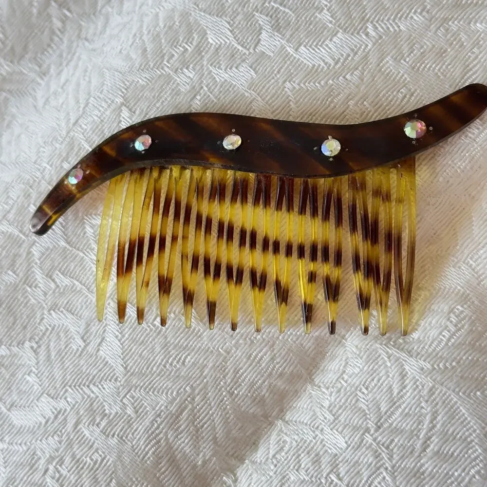 Vintage Brown Tortoiseshell Celluloid Hair Comb Deco 1930s Starburst Rhinestones